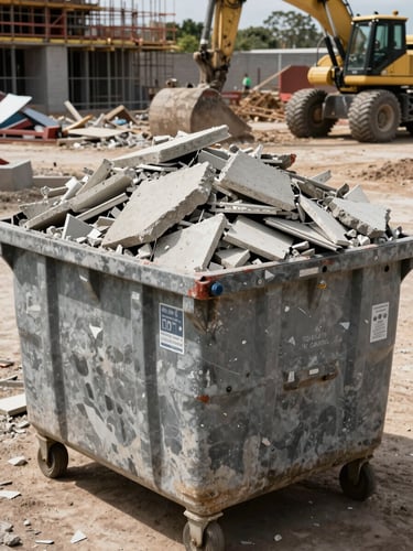 Close environmental shot of a large 10 cubic meter dumpster bin filled to capacity with concrete rubble, broken tiles, and structural debris on an active construction site in Rio Grande do Sul, bright flat daylight, bin showing wear and capacity markings, construction machinery partially visible in background, wide framing showing scale of the bin relative to the site