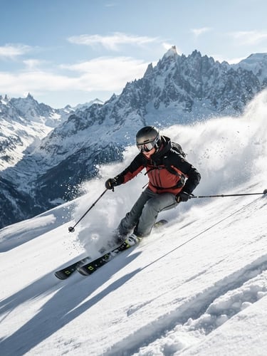 Dynamic action shot of a professional skier carving hard on fresh powder, high-contrast alpine sunlight, crisp mountain shadows, spraying snow, sharp details, 50mm lens