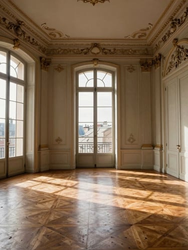 Perspective lumineuse d'un salon parisien classique, parquet point de Hongrie ciré, moulures anciennes au plafond, lumière douce de fin d'après-midi filtrant par une grande fenêtre ouverte.