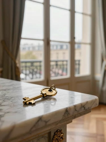 Soft natural daylight filtering through tall Parisian windows onto a brass key ring resting on a marble mantelpiece, warm herringbone parquet floor in the soft-focus background.
