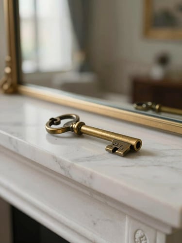 Close-up of a vintage brass key with an engraved metal tag resting on a white marble mantelpiece, soft morning light, Parisian apartment interior blurred in the background.