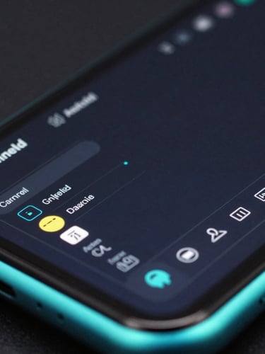 Macro close-up of a high-resolution Android game UI wireframe on a test device, neon cyan edge highlights, dark studio setting, sharp focus