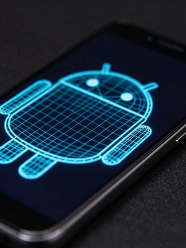 Macro close-up of a modern Android smartphone screen displaying a high-contrast cyan wireframe interface, low-key dark studio lighting, 35mm lens