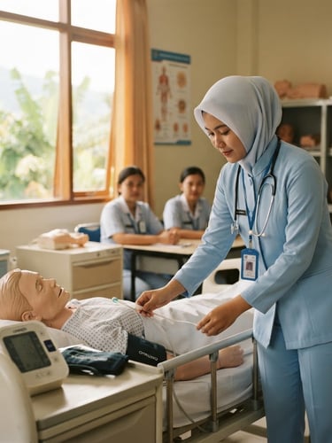 Siswa keperawatan Indonesia dengan seragam klinis rapi sedang melakukan simulasi perawatan lansia menggunakan peralatan medis standar rumah sakit Jepang di ruang kelas modern Tondano, cahaya alami jendela pagi, medium shot, 35mm