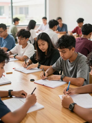Wide shot of diverse Indonesian students of various ages collaborating in a bright, modern classroom, engaged in a hands-on language learning activity, natural daylight, warm editorial photography, focus on cooperation and active learning.