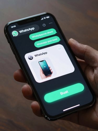 High-fidelity mobile screen mockup displaying a WhatsApp sales chat. An AI assistant recommends a product with a clean product card and buy button. Dark UI theme, glowing cyan accents, sharp focus.