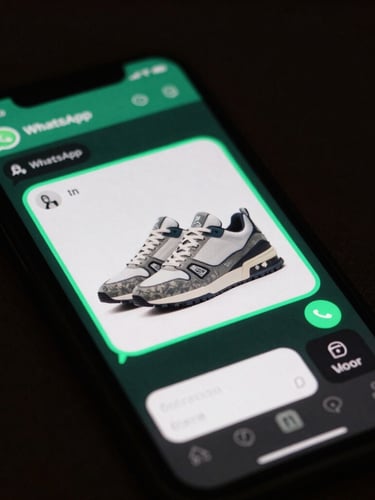 Extreme close-up macro crop of a smartphone screen displaying a WhatsApp chat interface with a rich product card of luxury sneakers, high-contrast dark-mode UI, sharp electric emerald highlight lines, low-key lighting.