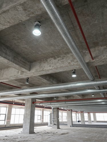 Wide environmental shot inside a commercial building under construction, overhead fire suppression pipework and sprinkler heads routed across concrete soffit, work lights illuminating pipe runs, no people visible