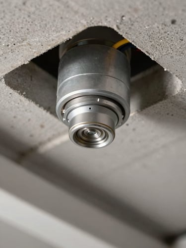Tight close-up of a sprinkler head and detection panel wiring inside a finished commercial ceiling grid, industrial work light casting hard shadows, concrete and metal finishes visible, no people