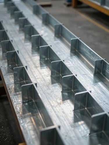 Close-up overhead view of sheet metal ductwork fabrication on a workshop floor, freshly cut flanged sections aligned in rows, industrial work lights casting hard shadows across the steel surfaces, no people in frame