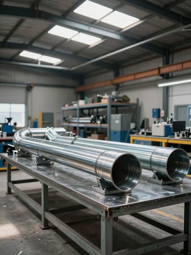 Wide interior shot of an industrial MEP fabrication workshop, steel ducting and pipe assemblies arranged on a heavy workbench in the foreground, overhead industrial skylights casting hard daylight across the metal surfaces, concrete floor and raw steel shelving visible in the background depth