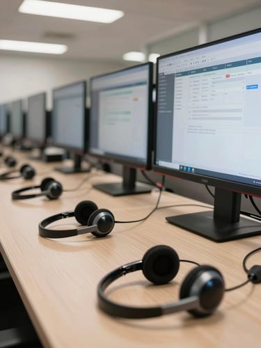 Close-up wide shot of a customer support operations floor, headsets resting on organized desks with dual monitors showing structured ticketing interfaces, even overhead lighting, no faces visible, professional and systematic environment