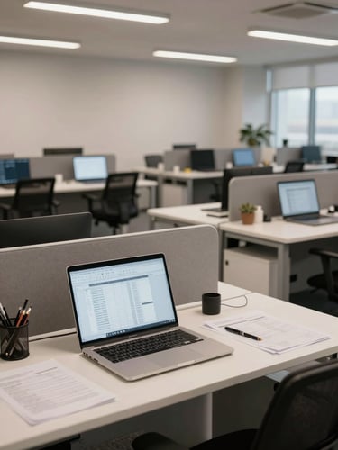 Wide shot of an open-plan office floor with organized workstations, laptops open to structured spreadsheets and documents, neutral studio lighting, clean desk surfaces, no people facing camera, administrative environment at work