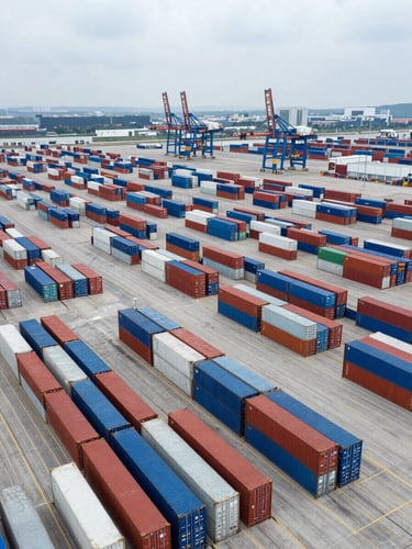 Aerial wide-angle view of an international cargo logistics hub, shipping containers organized in grid formations under even overcast daylight, scale visible from elevated perspective, no people, operational and structured