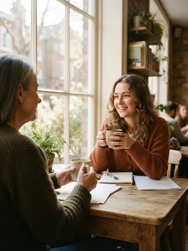 Over-the-shoulder view of a mentor and participant sitting by a sunlit window, holding warm mugs, sharing a quiet conversation, soft natural light, muted earthy tones.