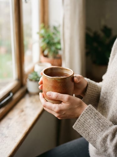 A soft close-up of hands holding a warm ceramic mug near a window, gentle morning light, earthy terracotta tones, shallow depth of field.