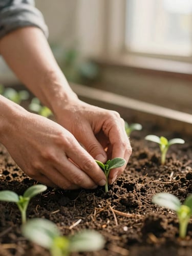 Hands carefully tending to green sprouts in a community garden, soft golden hour sunlight, warm soil, shallow depth of field, 35mm film feel.
