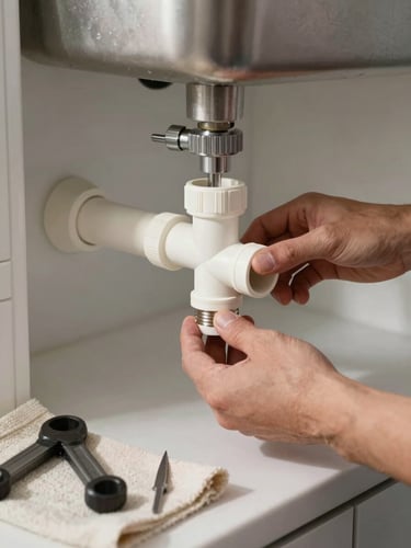 Plumber's hands fitting a PVC pipe connector under a kitchen sink, water supply valve visible, morning daylight from a nearby window, tools laid on a cloth on the cabinet floor