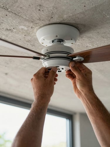 Close-up of a technician's hands firmly fastening a ceiling fan bracket to a concrete ceiling, natural daylight streaming from a nearby window, metal bracket and wiring visible in sharp detail, no faces shown