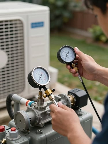 Technician's hands using a pressure gauge on an air conditioning outdoor compressor unit, residential backyard, afternoon natural light, pipes and refrigerant lines visible, no face shown