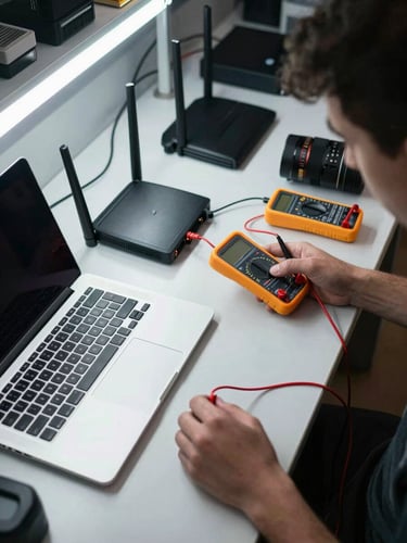 Overhead shot of secondhand electronics laid out on a workbench — a laptop, a router, and a set of cables — being tested with a multimeter, overhead shop fluorescent light, no branding visible