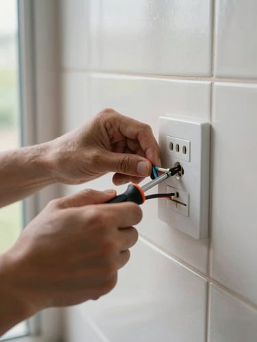 Close-up of hands tightening a wall socket with a screwdriver, exposed wiring neatly bundled with cable ties, Malaysian residential wall tile background, natural window light from the left, no faces
