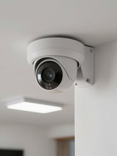 CCTV dome camera mounted flush on a white ceiling corner, cable routed neatly along the wall, residential living room background, overhead fluorescent light, sharp focus on camera housing