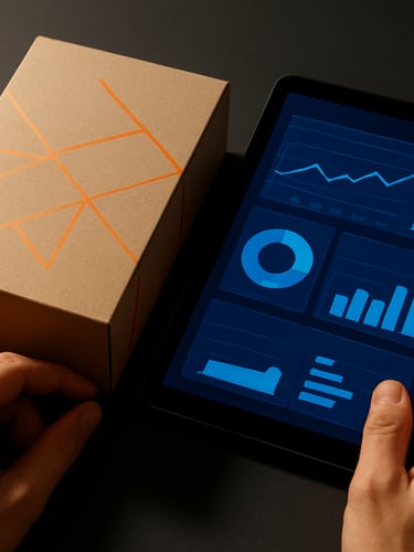 Cinematic 21:9 framing. Crisp studio lighting with sharp shadows. A high-end textured cardboard packaging box with orange geometric lines sits directly next to an iPad showing an electric blue analytics dashboard. Real hands are adjusting the packaging.