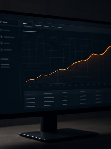 Cinematic 21:9 framing. A sleek computer monitor displaying a high-performance Meta Ads manager dashboard with rising orange trend lines, sharp focus, technical grid background, crisp shadows.