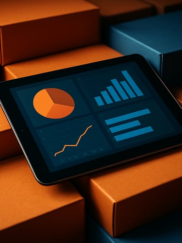 Vue studio rapprochée d'une tablette affichant un tableau de bord publicitaire lumineux posée sur une pile de packagings imprimés orange et bleu de haute qualité, ombres nettes.