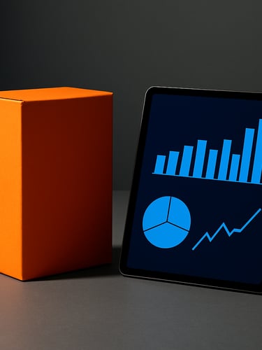 Vue rapprochée en studio d'un packaging cartonné orange vif fraîchement imprimé, posé à côté d'une tablette affichant des graphiques de performance publicitaire bleu électrique, ombres nettes, lumière technique.