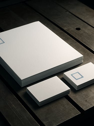 Cinematic 21:9 framing. A stack of premium corporate letterheads and business cards with embossed electric blue typography, resting on a heavy metal industrial cutting table under bright, focused studio light.