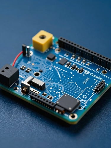 Macro studio shot of an Arduino micro-controller with yellow and green wiring, low-key blue background lighting, highlighting precise electronic connections.