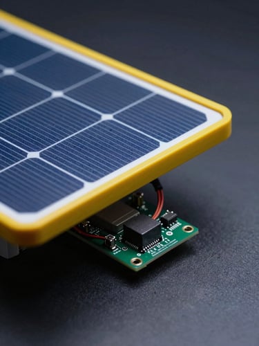 High-fidelity macro shot of the physical solar tracker prototype, focusing on the yellow-rimmed solar panel edge and the micro-controller wiring beneath. Moody low-key studio lighting with sharp blue accents, clean dark background.