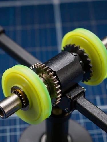 Macro close-up of dual-axis LDR sensors and servo gears on the solar tracker frame. Sharp neon-yellow and green rim lights highlighting the hardware edges, deep space-blue background, technical blueprint aesthetic.