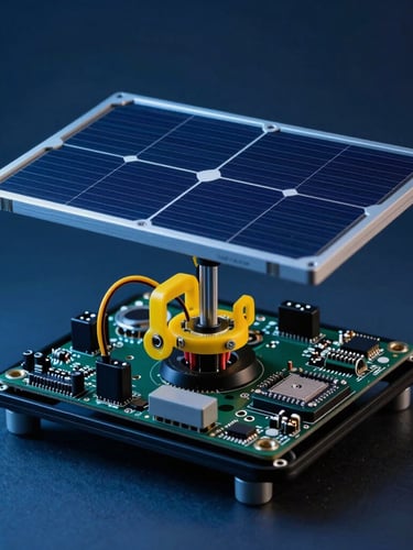 Macro studio photograph of the Lakshya solar tracker prototype highlighting the yellow custom wiring and micro-controller boards under moody blue light, portrait aspect