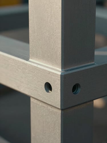 Close-up detail of a completed structural joint or precision-fitted panel assembly, sharp natural light revealing surface finish quality, industrial setting, no persons visible