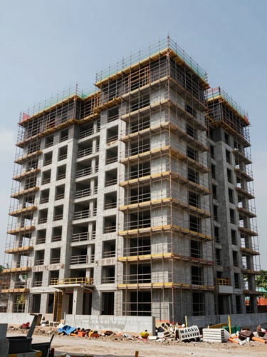 Environmental wide shot of a completed Indonesian commercial project site, scaffolding removed, finished facade visible under flat natural daylight, showing full scope of the structure from ground level, documentary framing
