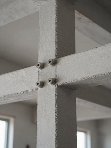Close-up detail shot of a finished installation joint or structural connection on a completed project, sharp focus under bright neutral artificial lighting, showing precision of workmanship and finish quality, documentary style