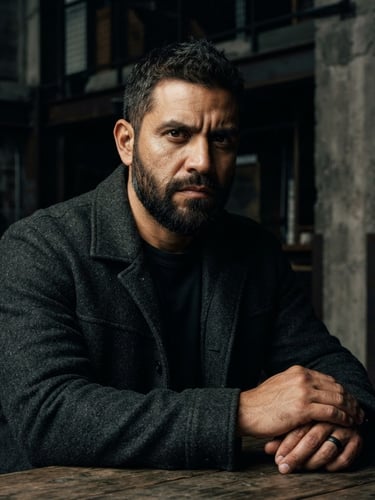 Retrato de Jonathan Sosa, serio, de bajo contraste, iluminación lateral dramática, tonos grafito y bronce, fondo oscuro arquitectónico, enfoque profundo, 35mm.
