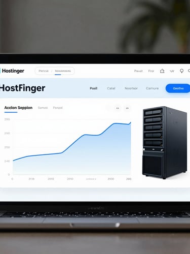Flat-lay UI mockup of the Hostinger hPanel dashboard, clean light-blue interface, server performance graph visible, crisp vector lines, cool-toned daylight