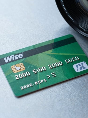 Close-up studio shot of a green Wise multi-currency debit card resting on a clean, light blue metallic surface, sharp focus, cool professional lighting, high-contrast mockup style.