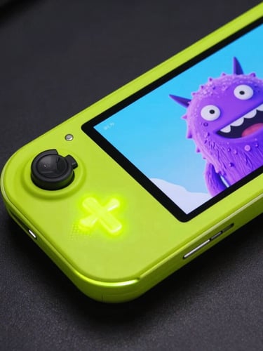 Angled dynamic close-up of a vibrant Android handheld console mockup with neon cyber-lime glowing buttons, displaying a quirky purple monster on screen, dark high-contrast background with drop shadows