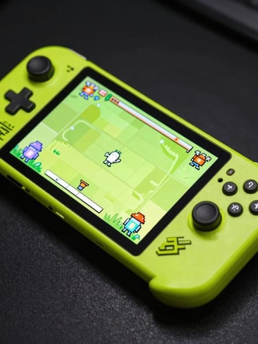 Angled dynamic close-up of a neon-lit Android handheld console mockup with a vibrant cyber-lime game screen displaying pixel art characters, high contrast shadows.