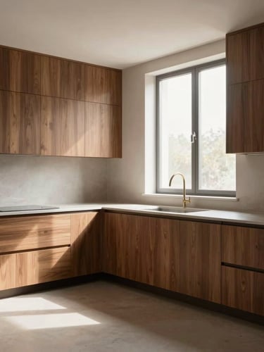 Wide architectural shot of a minimalist kitchen with walnut wood cabinets, soft natural window light, clean lines, high-end interior, 35mm