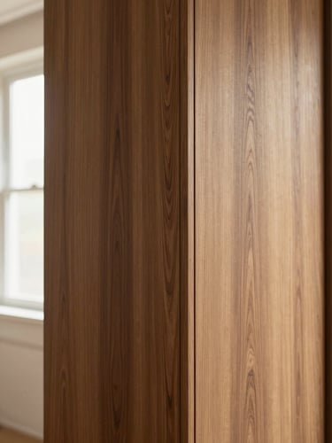 Architectural portrait of a bespoke walnut kitchen cabinet, highlighting clean wood joints and continuous grain, warm natural side-light, 35mm