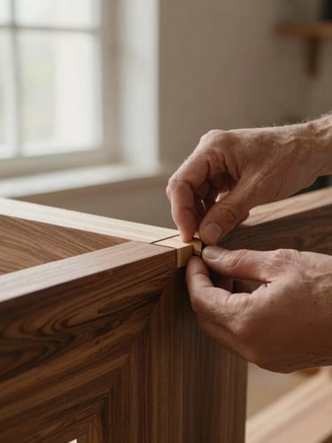 Close-up of a master carpenter's hands aligning a perfect mortise and tenon joint on a walnut timber frame, soft natural workshop window light, rich wood textures, 35mm