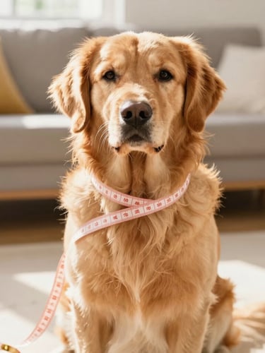 Vibrant pet photography, a calm golden retriever sitting in a sunlit living room while a soft sewing tape measure gently circles its chest, warm daylight, shallow depth of field