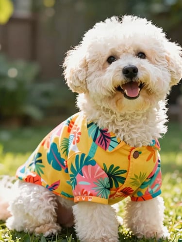 A cheerful fluffy dog wearing a vibrant, colorful tropical print pet shirt, sitting happily in a sunlit garden, warm natural daylight, 50mm lens