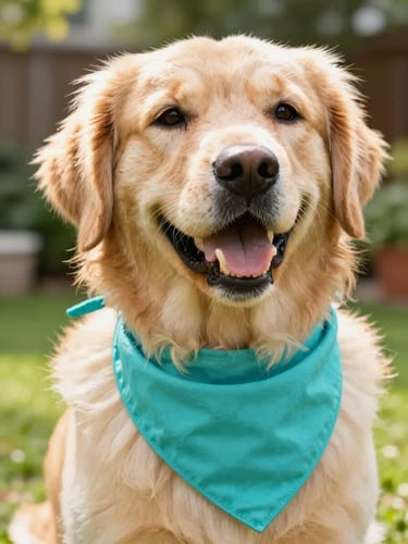 Close-up of a happy golden retriever wearing a vibrant teal handmade bandana, sunlit garden background, 50mm lens